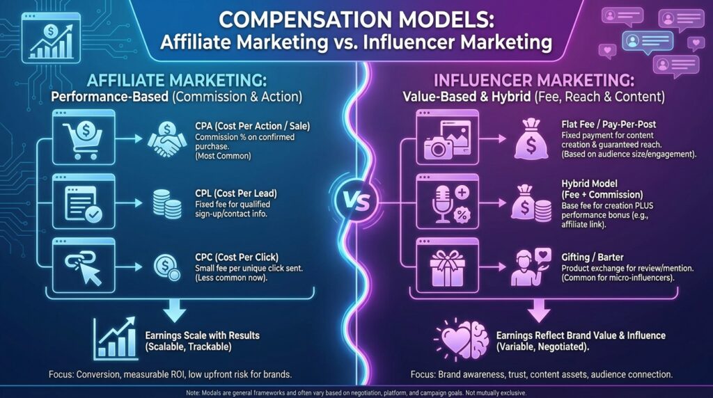 Compensation Models in affiliate marketing vs influencer marketing